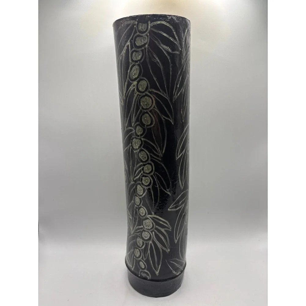 Handcraft Etched Bamboo Cylinder Vase Black Lacquer Botanical Leaf Berry Design